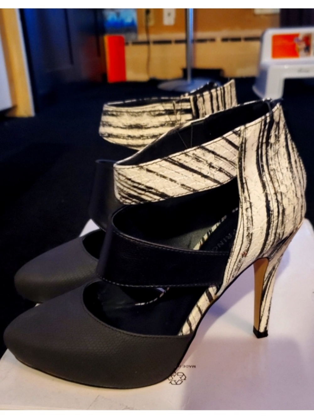 Black and White Striped Ankle-Strap Heels